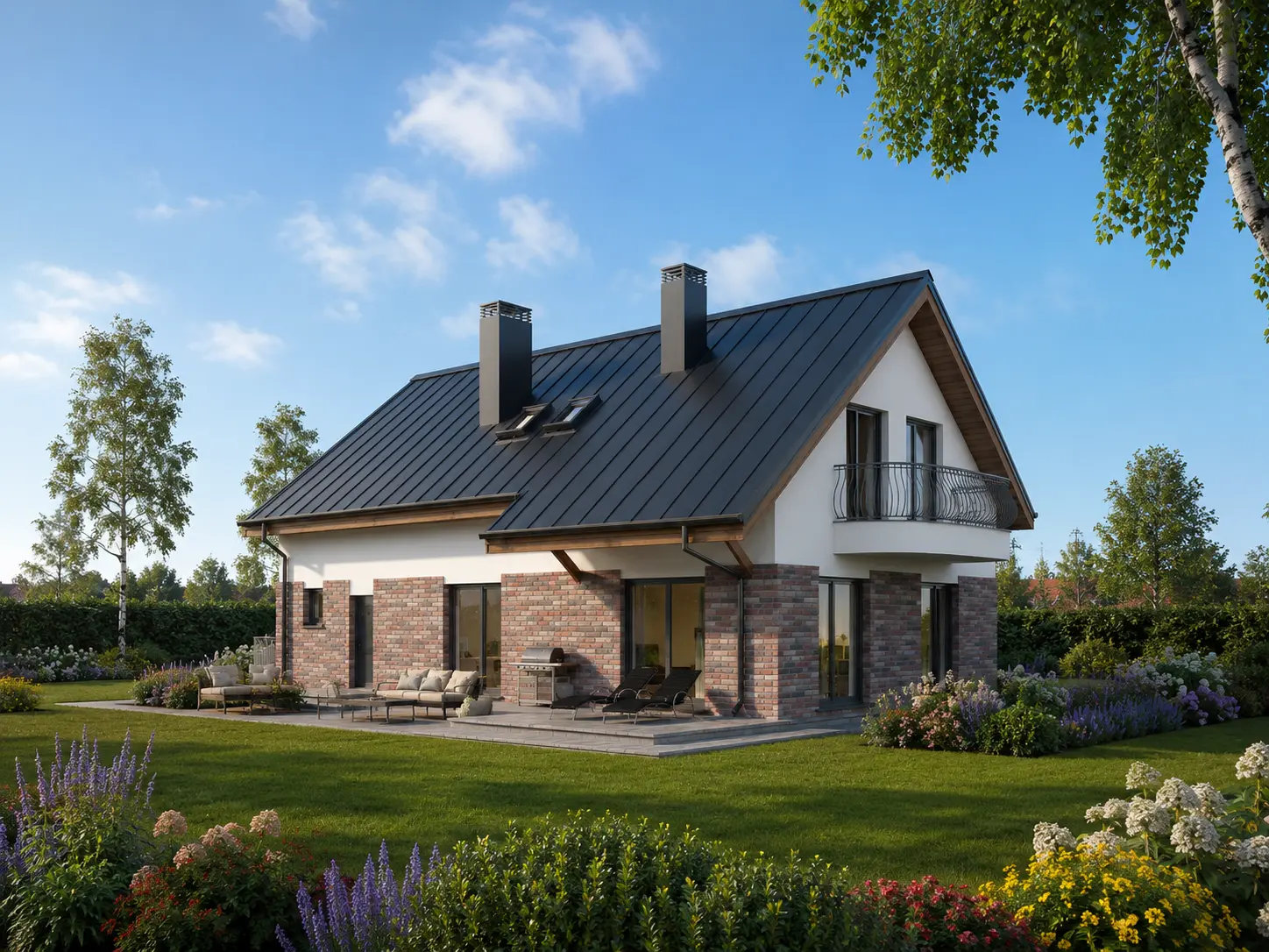 Projekt domu jednorodzinnego o pow. 180 m²: Parterowy z poddaszem użytkowym, 3 Sypialnie, Gabinet, 2 Łazienki, Otwarta kuchnia, Garaż