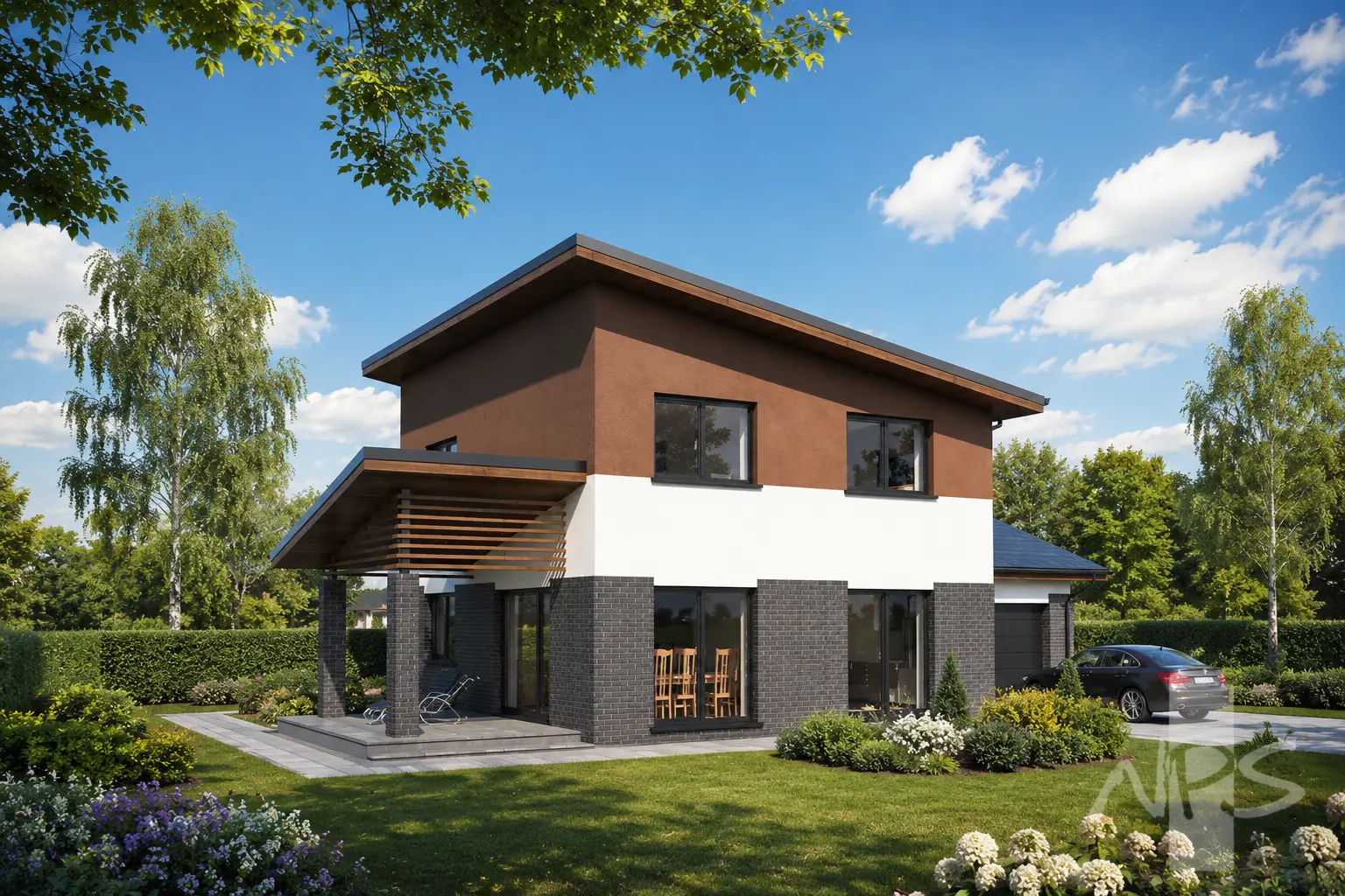 Projekt domu jednorodzinnego o pow. 164 m²: Piętrowy, 3 Sypialnie, Gabinet, 2 Łazienki, Otwarta kuchnia, Garaż