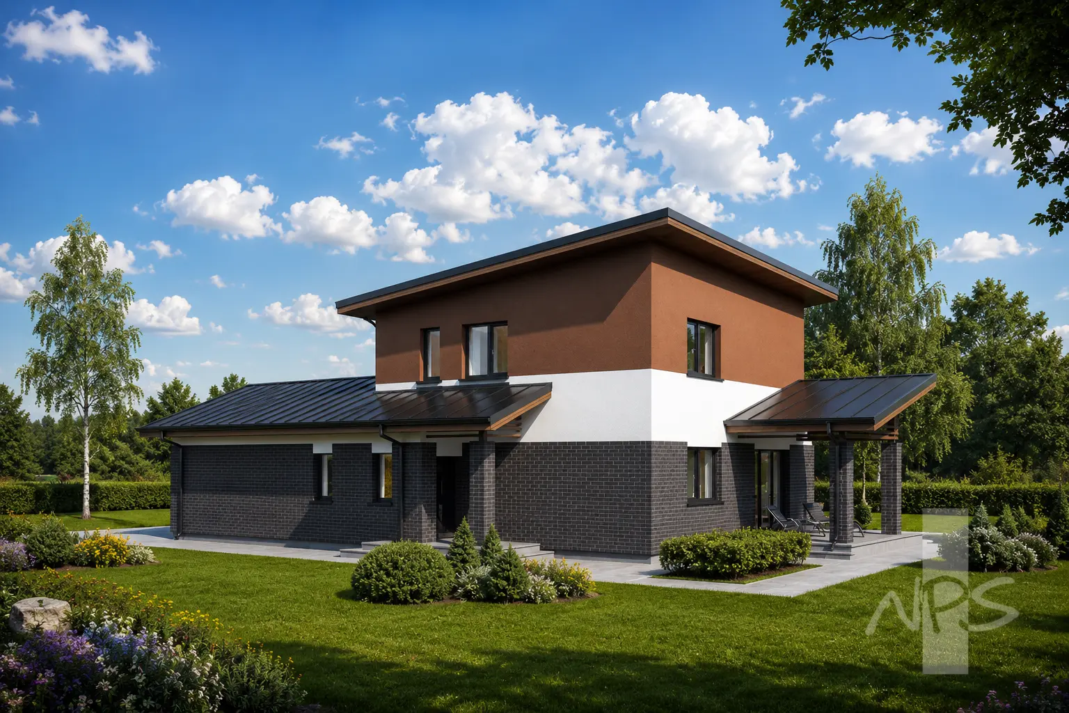 Projekt domu jednorodzinnego o pow. 164 m²: Piętrowy, 3 Sypialnie, Gabinet, 2 Łazienki, Otwarta kuchnia, Garaż