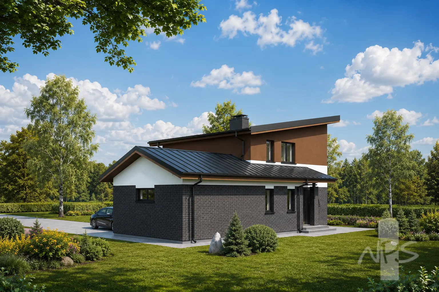 Projekt domu jednorodzinnego o pow. 164 m²: Piętrowy, 3 Sypialnie, Gabinet, 2 Łazienki, Otwarta kuchnia, Garaż