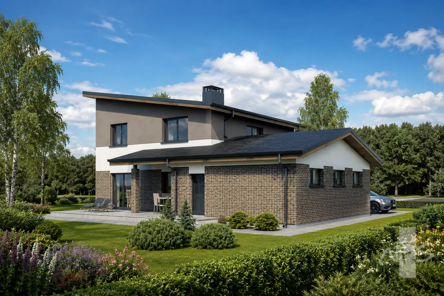 Projekt domu jednorodzinnego o pow. 190 m²: Piętrowy, 3 Sypialnie, Gabinet, 2 Łazienki, Otwarta kuchnia, Garaż