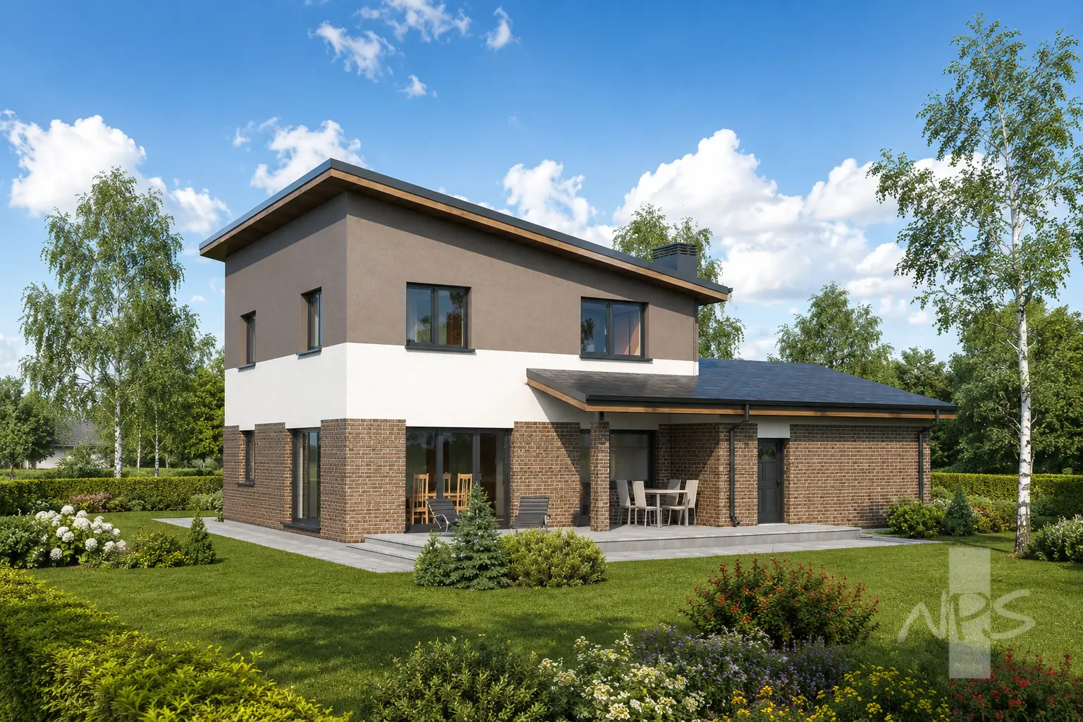 Projekt domu jednorodzinnego o pow. 190 m²: Piętrowy, 3 Sypialnie, Gabinet, 2 Łazienki, Otwarta kuchnia, Garaż