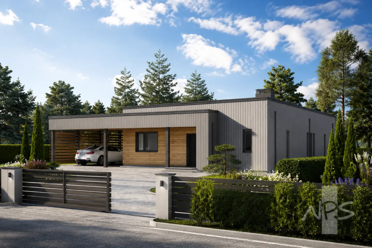 Projekt domu jednorodzinnego o pow. 129 m²: Parterowy, 3 Sypialnie, 2 Łazienki, Otwarta kuchnia, Garaż