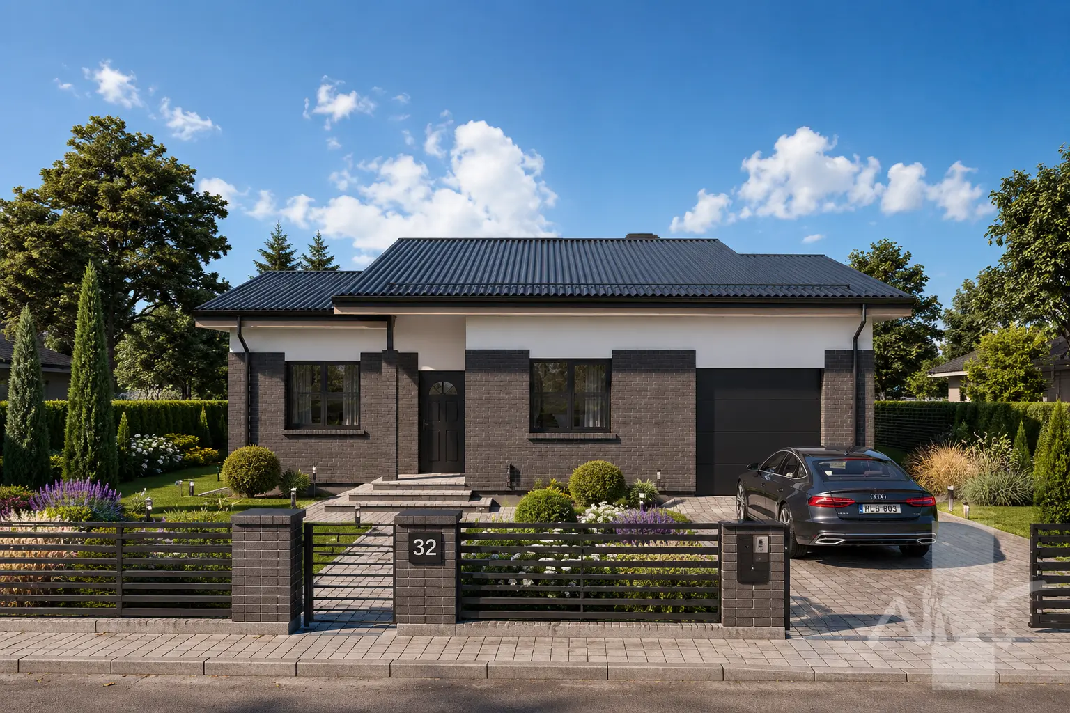 Projekt domu jednorodzinnego o pow. 121 m²: Parterowy, 2 Sypialnie, Gabinet, 1 Łazienki, Otwarta kuchnia, Garaż