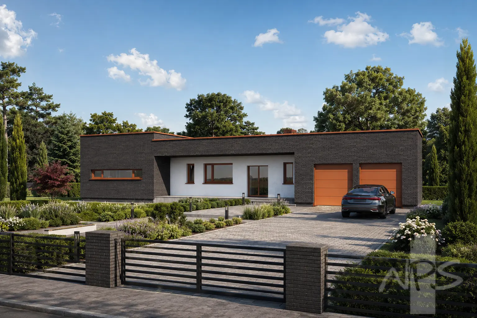 Projekt domu jednorodzinnego o pow. 194 m²: Parterowy, 3 Sypialnie, Gabinet, 2 Łazienki, Otwarta kuchnia, Garaż