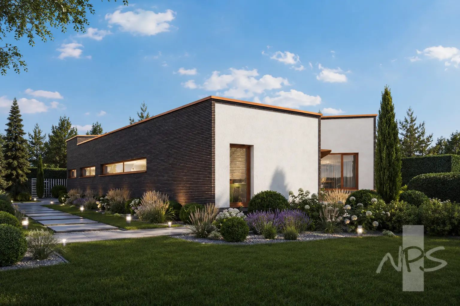 Projekt domu jednorodzinnego o pow. 194 m²: Parterowy, 3 Sypialnie, Gabinet, 2 Łazienki, Otwarta kuchnia, Garaż