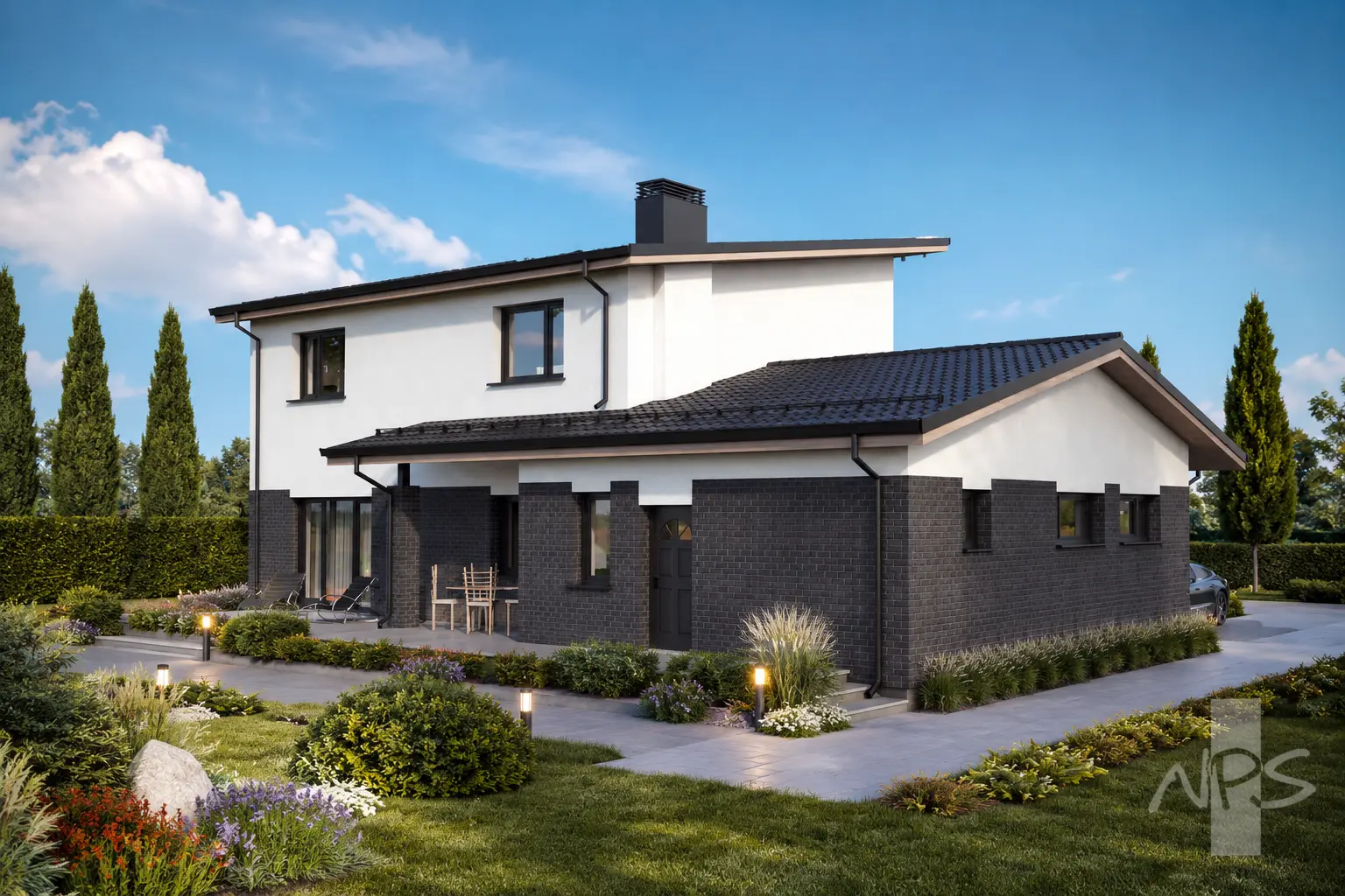 Projekt domu jednorodzinnego o pow. 180 m²: Piętrowy, 3 Sypialnie, Gabinet, 2 Łazienki, Otwarta kuchnia, Garaż