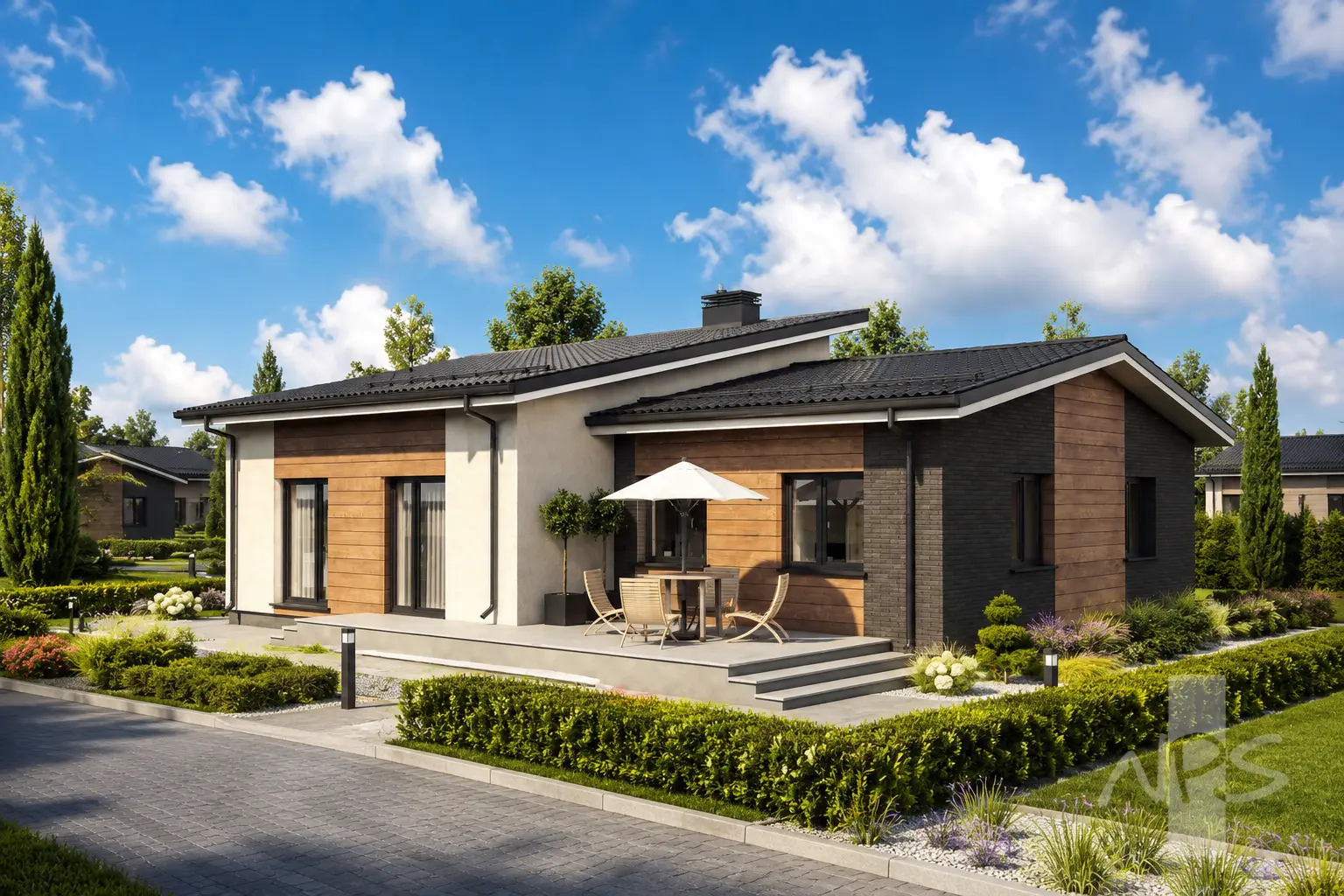 Projekt domu jednorodzinnego o pow. 161 m²: Parterowy, 3 Sypialnie, 1 Łazienki, Otwarta kuchnia, Garaż