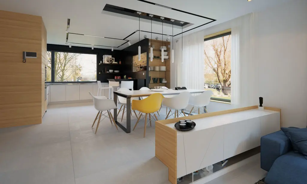 Projekt domu jednorodzinnego o pow. 157 m²: Parterowy, 3 Sypialnie, 2 Łazienki, Otwarta kuchnia, Garaż