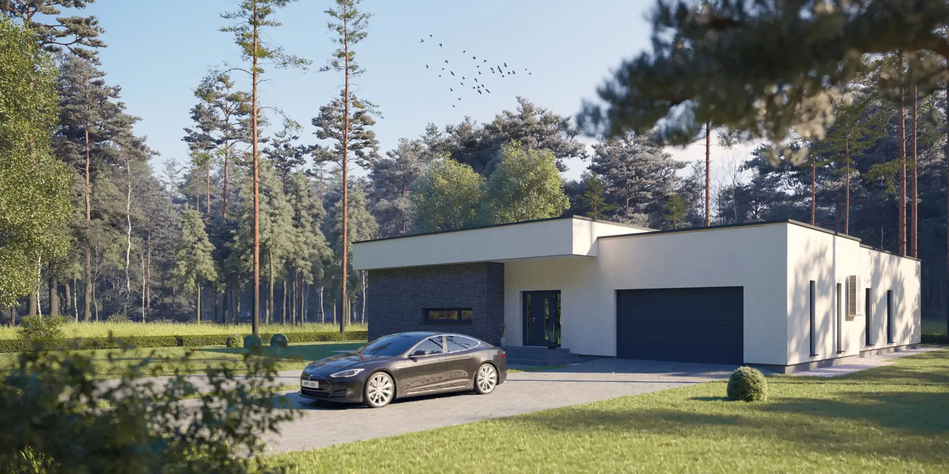 Projekt domu jednorodzinnego o pow. 216 m²: Parterowy, 3 Sypialnie, Gabinet, 2 Łazienki, Otwarta kuchnia, Garaż