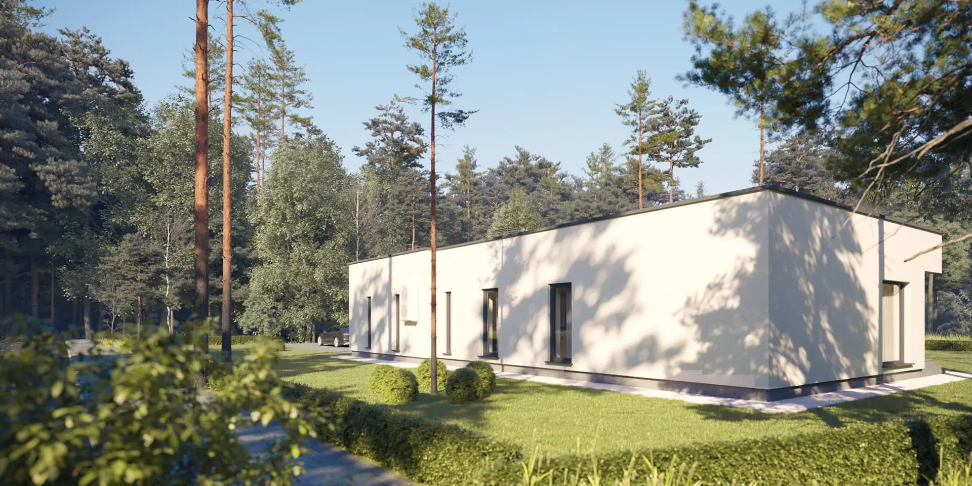 Projekt domu jednorodzinnego o pow. 216 m²: Parterowy, 3 Sypialnie, Gabinet, 2 Łazienki, Otwarta kuchnia, Garaż