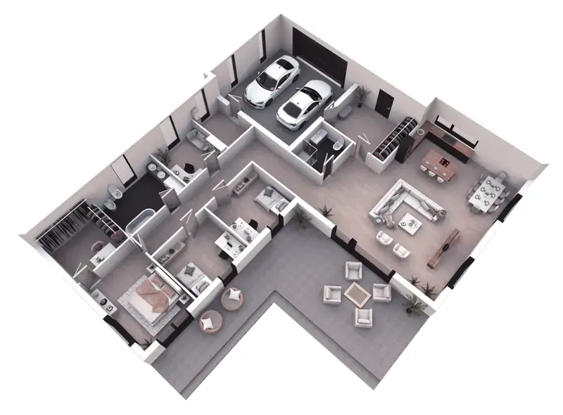 Projekt domu jednorodzinnego o pow. 216 m²: Parterowy, 3 Sypialnie, Gabinet, 2 Łazienki, Otwarta kuchnia, Garaż