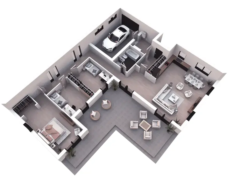 Projekt domu jednorodzinnego o pow. 165 m²: Parterowy, 3 Sypialnie, 1 Łazienki, Otwarta kuchnia, Garaż