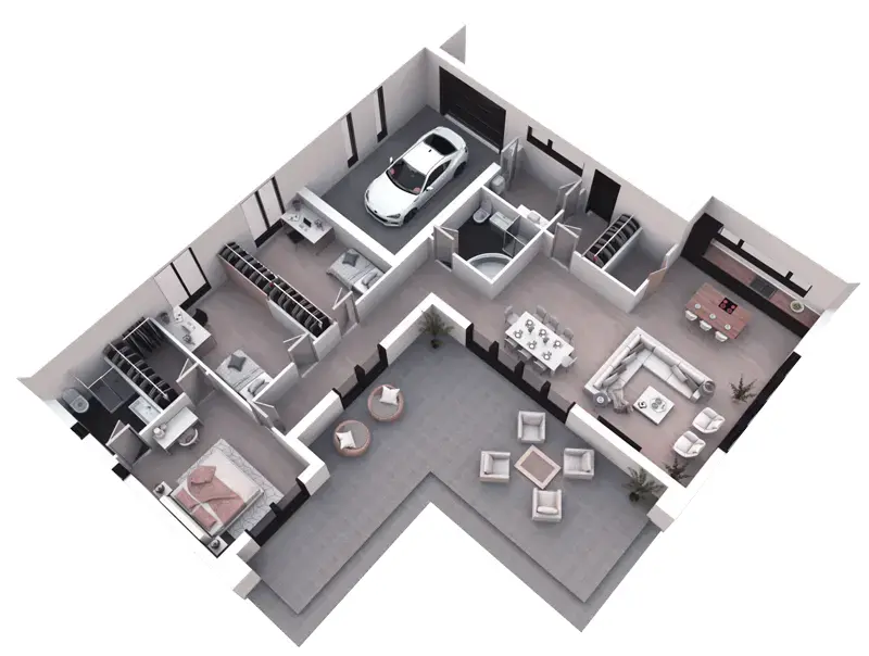 Projekt domu jednorodzinnego o pow. 153 m²: Parterowy, 3 Sypialnie, 2 Łazienki, Otwarta kuchnia, Garaż