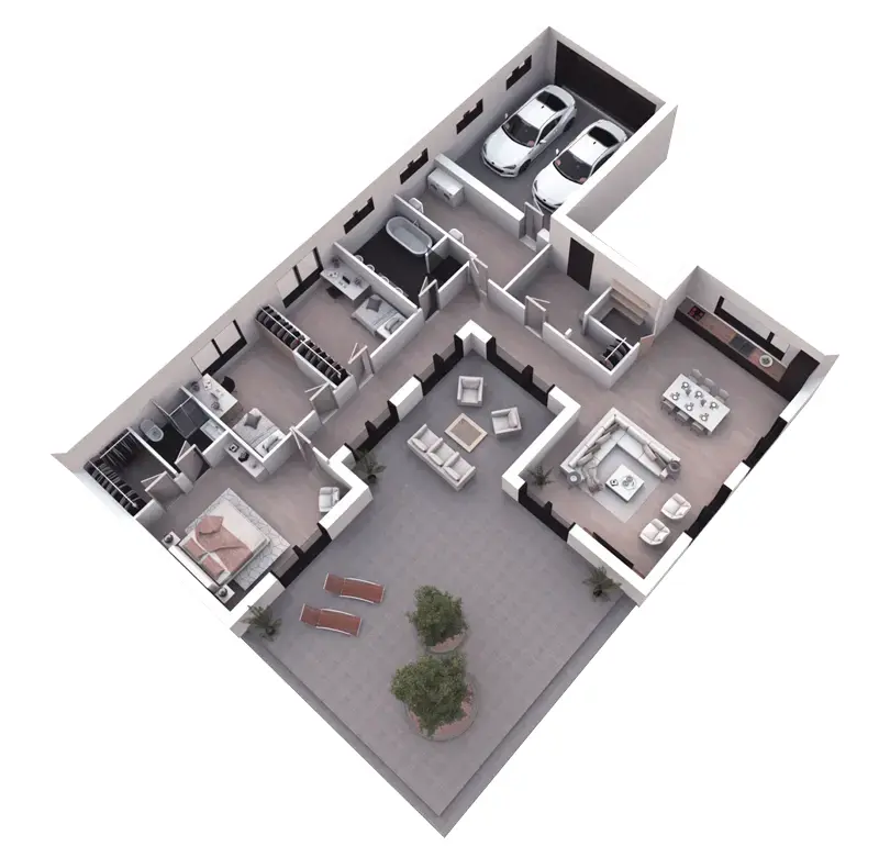 Projekt domu jednorodzinnego o pow. 184 m²: Parterowy, 3 Sypialnie, 2 Łazienki, Otwarta kuchnia, Garaż