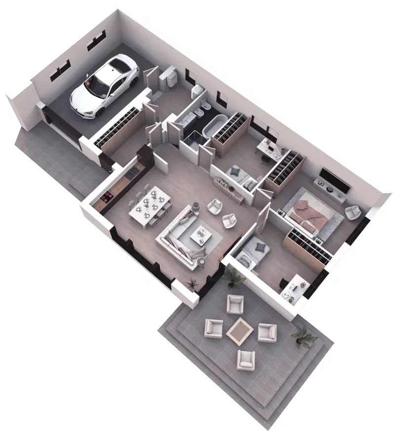 Projekt domu jednorodzinnego o pow. 138 m²: Parterowy, 3 Sypialnie, 1 Łazienki, Otwarta kuchnia, Garaż