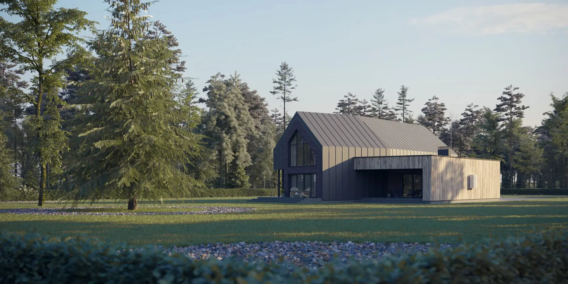 Projekt domu jednorodzinnego o pow. 303 m²: Parterowy z poddaszem użytkowym, 3 Sypialnie, 4 Łazienki, Otwarta kuchnia, Garaż