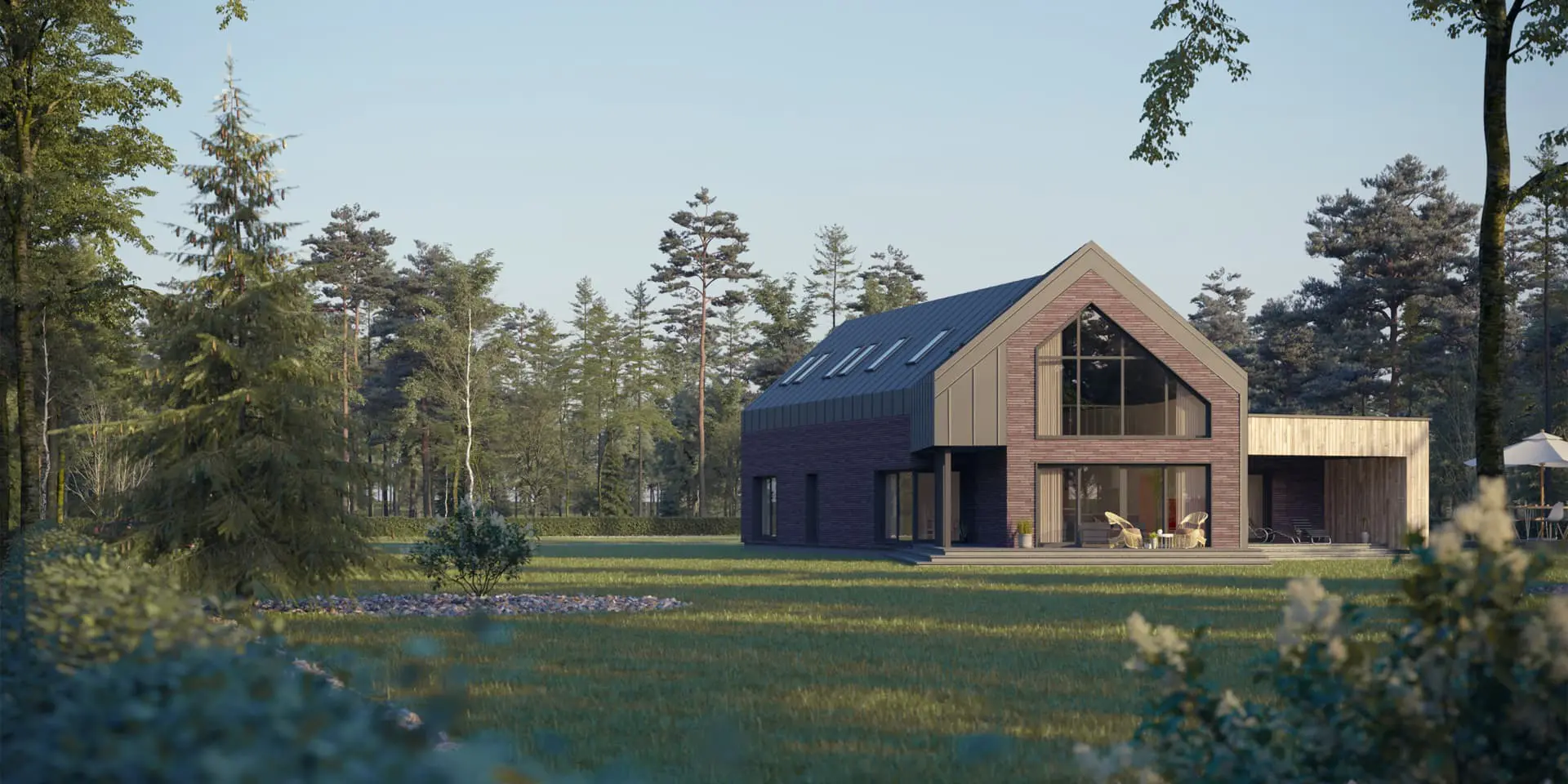 Projekt domu jednorodzinnego o pow. 303 m²: Parterowy z poddaszem użytkowym, 3 Sypialnie, 4 Łazienki, Otwarta kuchnia, Garaż