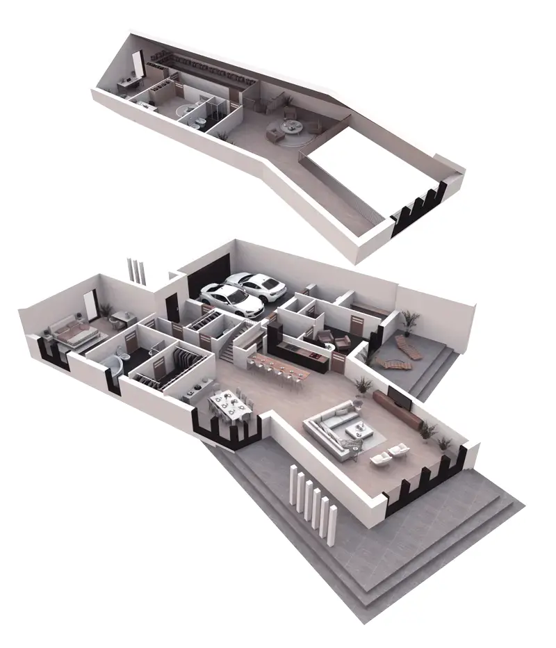 Projekt domu jednorodzinnego o pow. 303 m²: Parterowy z poddaszem użytkowym, 3 Sypialnie, 4 Łazienki, Otwarta kuchnia, Garaż