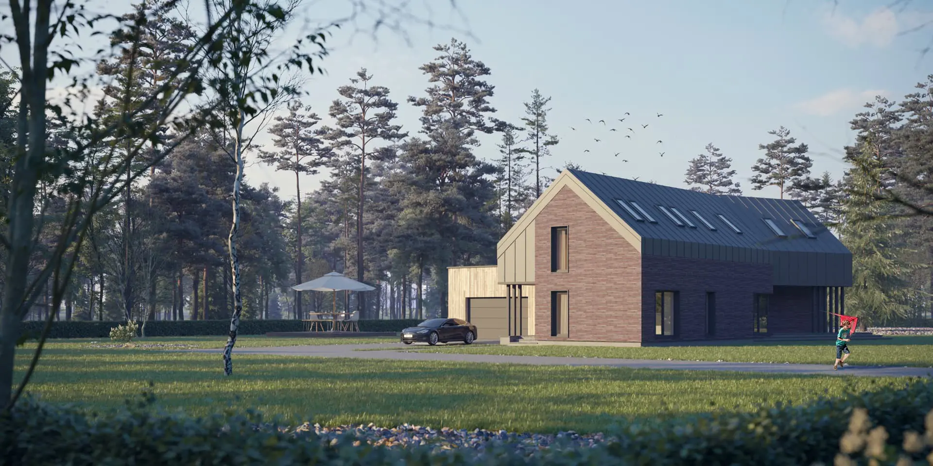 Projekt domu jednorodzinnego o pow. 303 m²: Parterowy z poddaszem użytkowym, 3 Sypialnie, 4 Łazienki, Otwarta kuchnia, Garaż