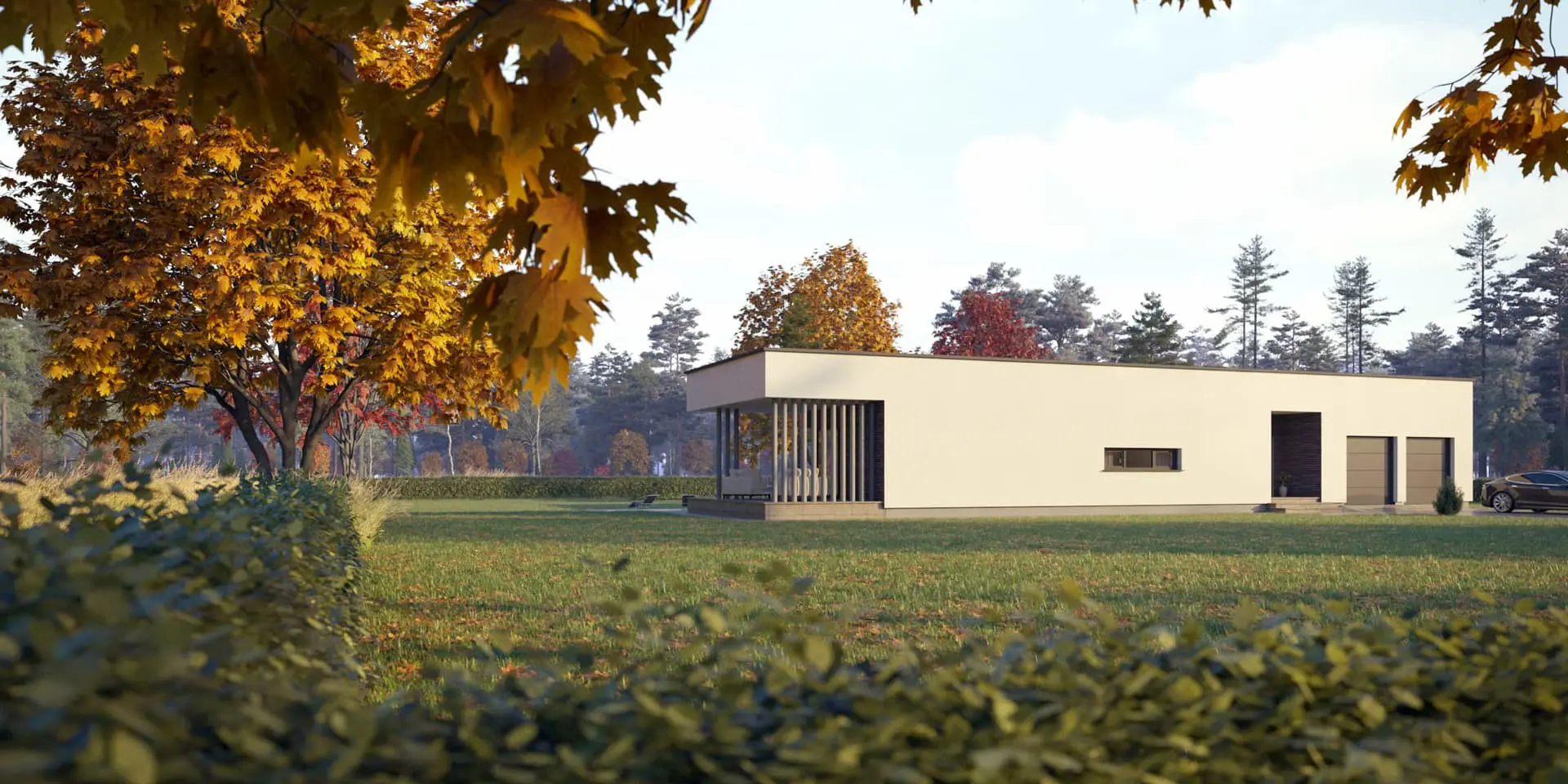 Projekt domu jednorodzinnego o pow. 199 m²: Parterowy, 3 Sypialnie, Gabinet, 2 Łazienki, Otwarta kuchnia, Garaż