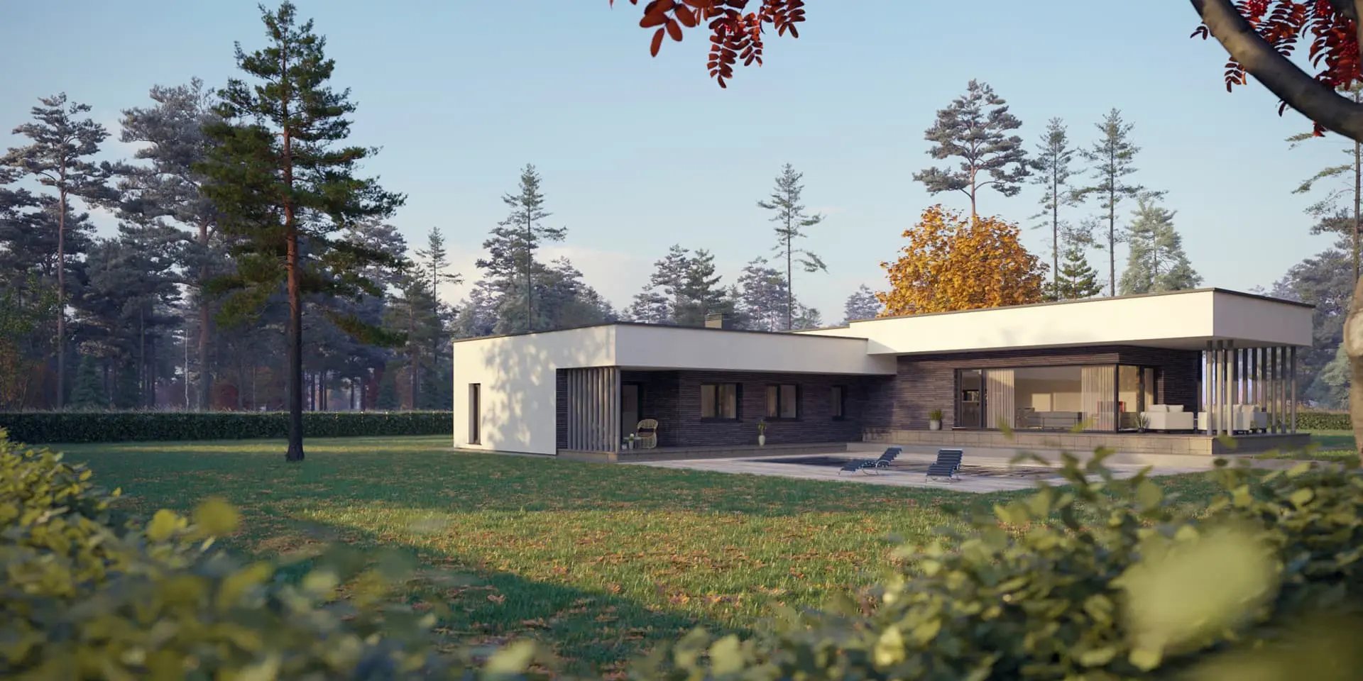 Projekt domu jednorodzinnego o pow. 199 m²: Parterowy, 3 Sypialnie, Gabinet, 2 Łazienki, Otwarta kuchnia, Garaż