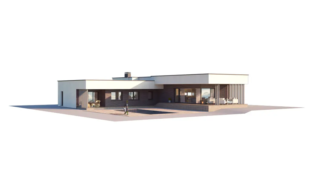 Projekt domu jednorodzinnego o pow. 199 m²: Parterowy, 3 Sypialnie, Gabinet, 2 Łazienki, Otwarta kuchnia, Garaż