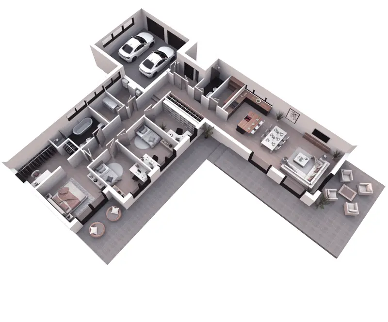 Projekt domu jednorodzinnego o pow. 199 m²: Parterowy, 3 Sypialnie, Gabinet, 2 Łazienki, Otwarta kuchnia, Garaż