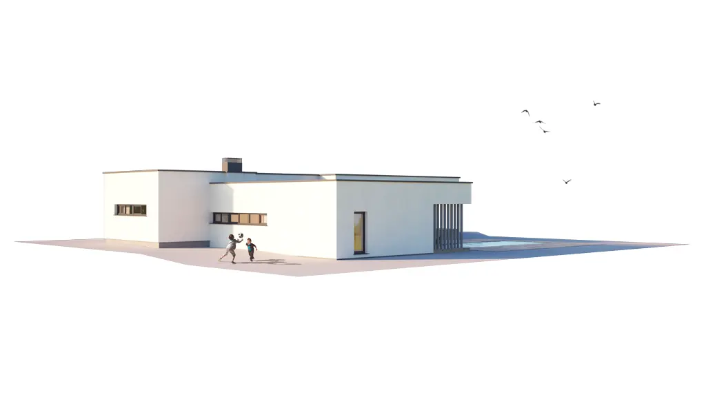 Projekt domu jednorodzinnego o pow. 199 m²: Parterowy, 3 Sypialnie, Gabinet, 2 Łazienki, Otwarta kuchnia, Garaż