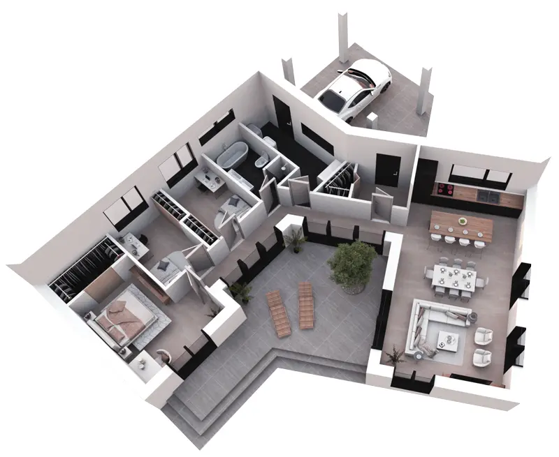 Projekt domu jednorodzinnego o pow. 150 m²: Parterowy, 3 Sypialnie, 1 Łazienki, Otwarta kuchnia, Wiata