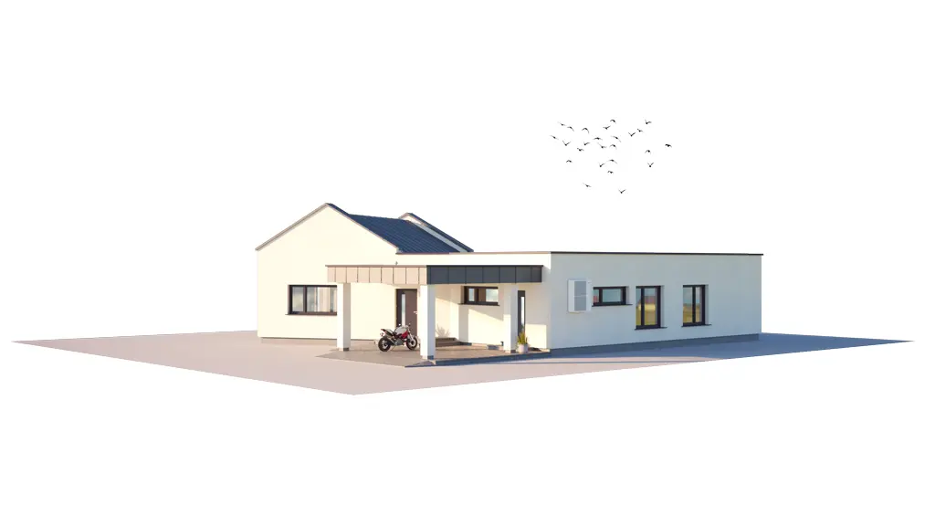 Projekt domu jednorodzinnego o pow. 150 m²: Parterowy, 3 Sypialnie, 1 Łazienki, Otwarta kuchnia, Wiata