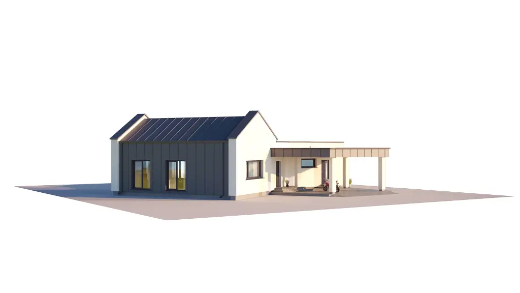 Projekt domu jednorodzinnego o pow. 150 m²: Parterowy, 3 Sypialnie, 1 Łazienki, Otwarta kuchnia, Wiata