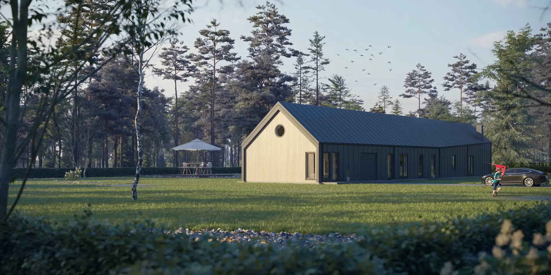 Projekt domu jednorodzinnego o pow. 261 m²: Parterowy, 3 Sypialnie, Gabinet, 4 Łazienki, Otwarta kuchnia, Garaż