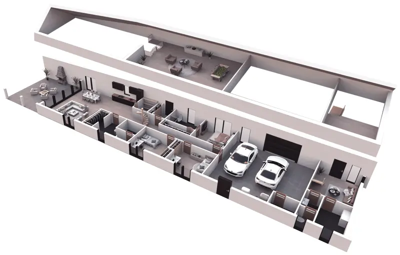 Projekt domu jednorodzinnego o pow. 261 m²: Parterowy, 3 Sypialnie, Gabinet, 4 Łazienki, Otwarta kuchnia, Garaż