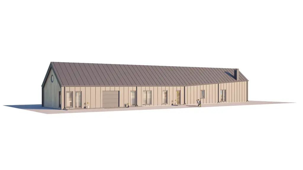 Projekt domu jednorodzinnego o pow. 261 m²: Parterowy, 3 Sypialnie, Gabinet, 4 Łazienki, Otwarta kuchnia, Garaż