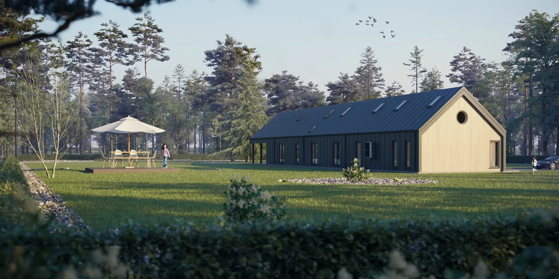 Projekt domu jednorodzinnego o pow. 261 m²: Parterowy, 3 Sypialnie, Gabinet, 4 Łazienki, Otwarta kuchnia, Garaż