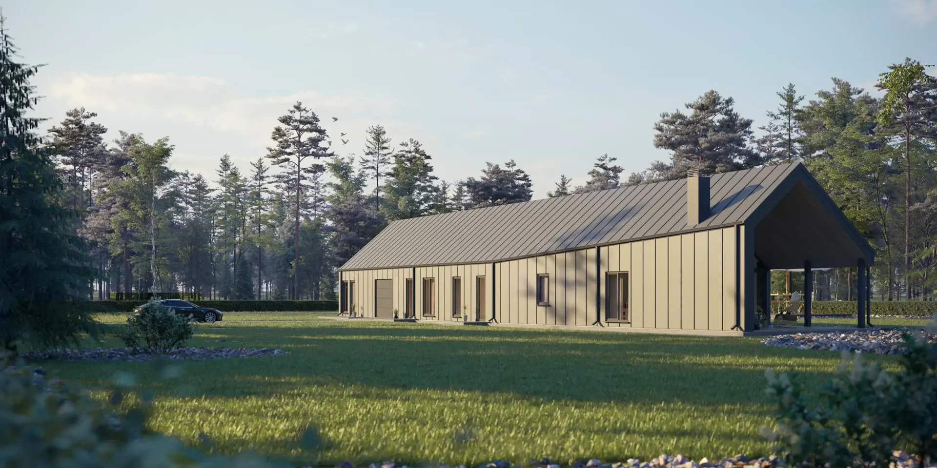 Projekt domu jednorodzinnego o pow. 261 m²: Parterowy, 3 Sypialnie, Gabinet, 4 Łazienki, Otwarta kuchnia, Garaż