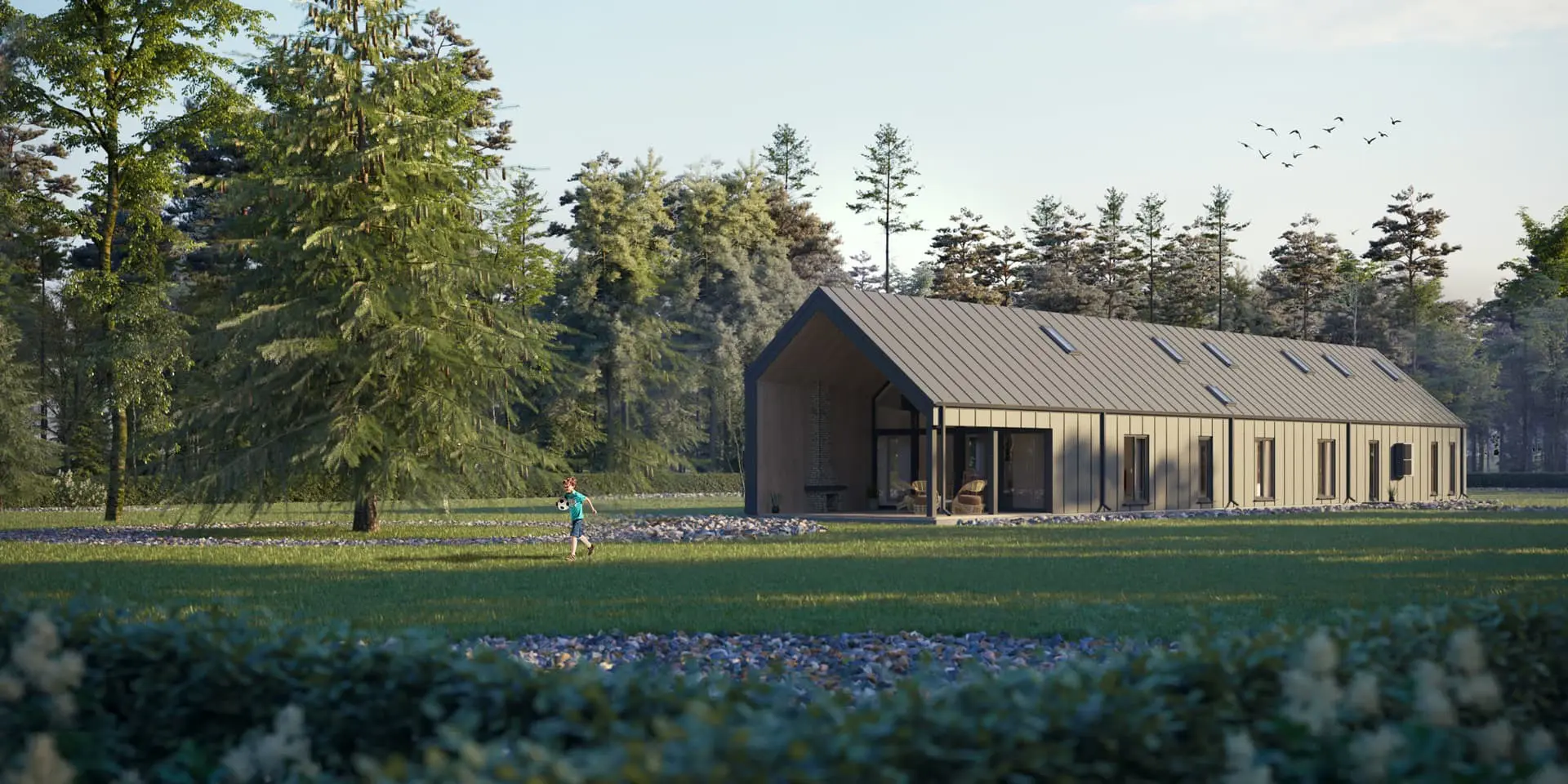 Projekt domu jednorodzinnego o pow. 261 m²: Parterowy, 3 Sypialnie, Gabinet, 4 Łazienki, Otwarta kuchnia, Garaż