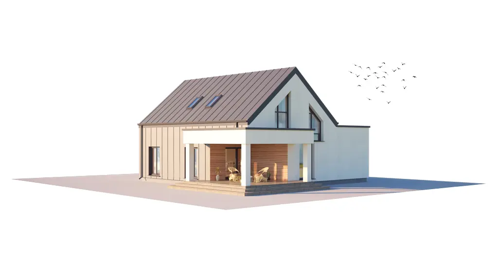 Projekt domu jednorodzinnego o pow. 172 m²: Parterowy z poddaszem użytkowym, 3 Sypialnie, Gabinet, 2 Łazienki, Otwarta kuchnia, Garaż