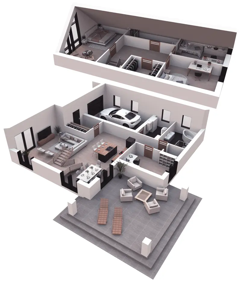 Projekt domu jednorodzinnego o pow. 172 m²: Parterowy z poddaszem użytkowym, 3 Sypialnie, Gabinet, 2 Łazienki, Otwarta kuchnia, Garaż