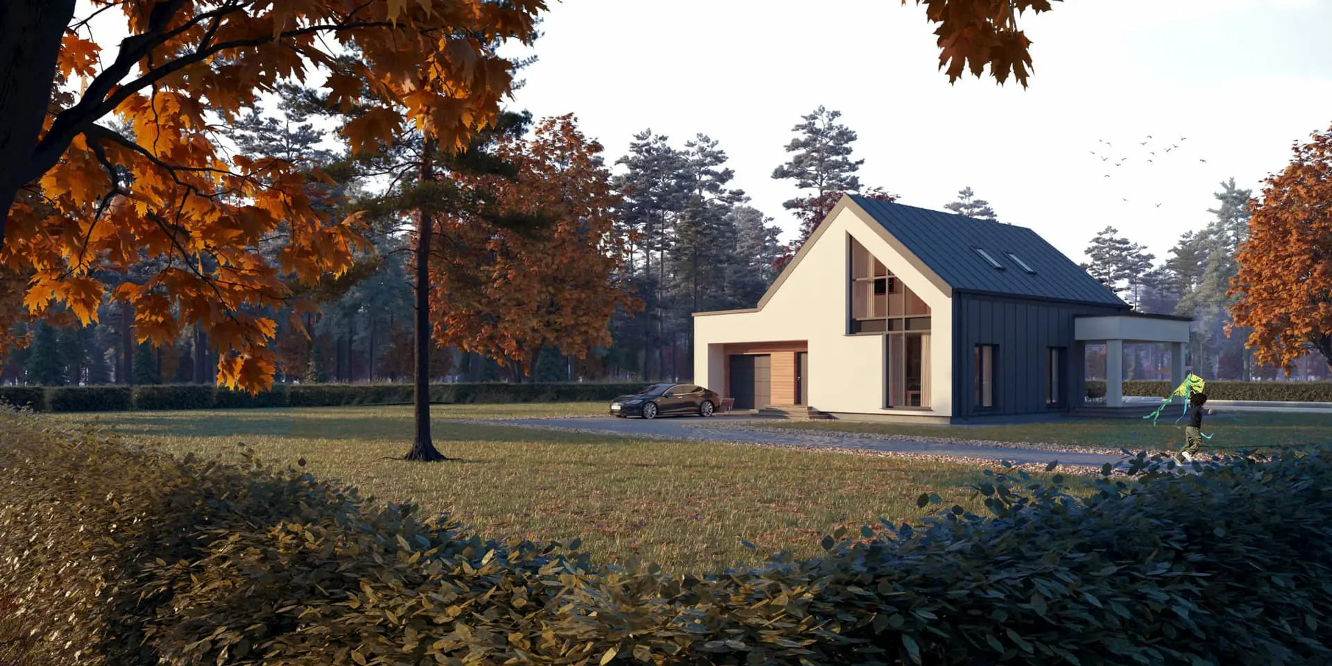 Projekt domu jednorodzinnego o pow. 172 m²: Parterowy z poddaszem użytkowym, 3 Sypialnie, Gabinet, 2 Łazienki, Otwarta kuchnia, Garaż