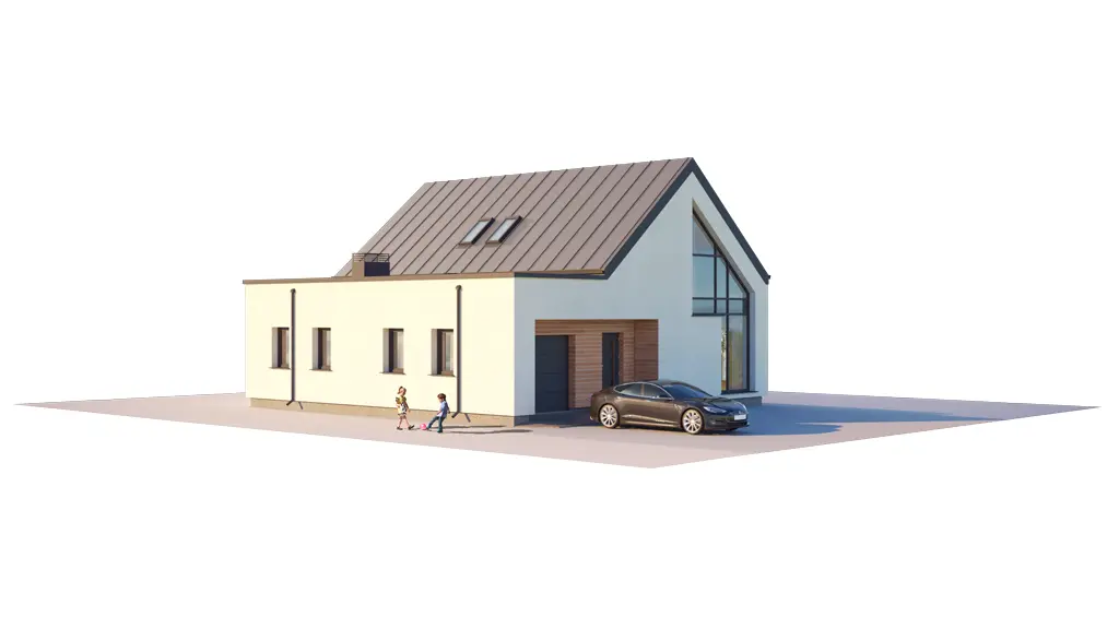 Projekt domu jednorodzinnego o pow. 172 m²: Parterowy z poddaszem użytkowym, 3 Sypialnie, Gabinet, 2 Łazienki, Otwarta kuchnia, Garaż