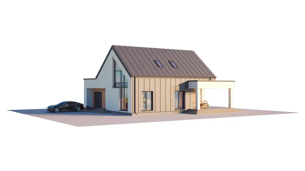 Projekt domu jednorodzinnego o pow. 172 m²: Parterowy z poddaszem użytkowym, 3 Sypialnie, Gabinet, 2 Łazienki, Otwarta kuchnia, Garaż