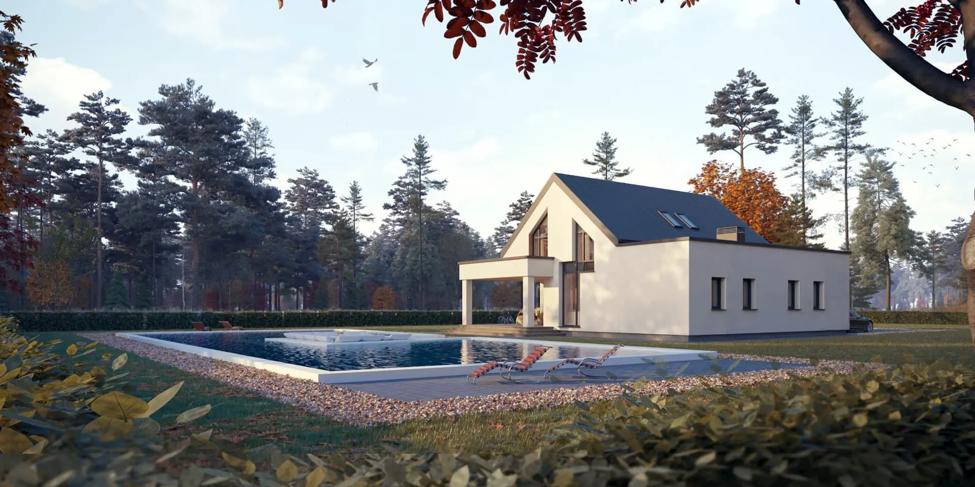 Projekt domu jednorodzinnego o pow. 172 m²: Parterowy z poddaszem użytkowym, 3 Sypialnie, Gabinet, 2 Łazienki, Otwarta kuchnia, Garaż