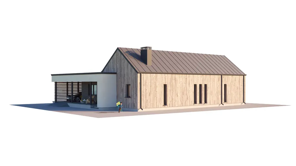 Projekt domu jednorodzinnego o pow. 127 m²: Parterowy, 3 Sypialnie, 2 Łazienki, Otwarta kuchnia, Wiata