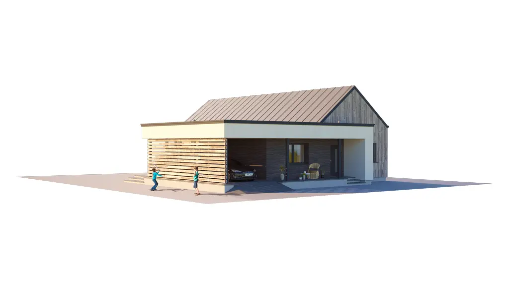 Projekt domu jednorodzinnego o pow. 127 m²: Parterowy, 3 Sypialnie, 2 Łazienki, Otwarta kuchnia, Wiata