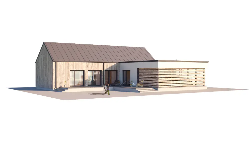 Projekt domu jednorodzinnego o pow. 127 m²: Parterowy, 3 Sypialnie, 2 Łazienki, Otwarta kuchnia, Wiata