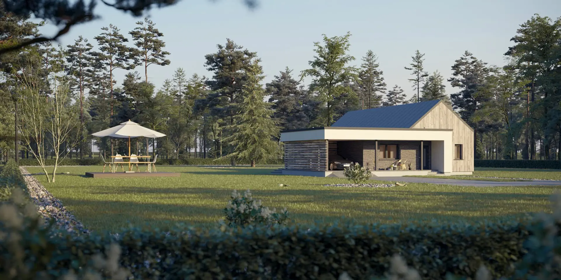 Projekt domu jednorodzinnego o pow. 127 m²: Parterowy, 3 Sypialnie, 2 Łazienki, Otwarta kuchnia, Wiata