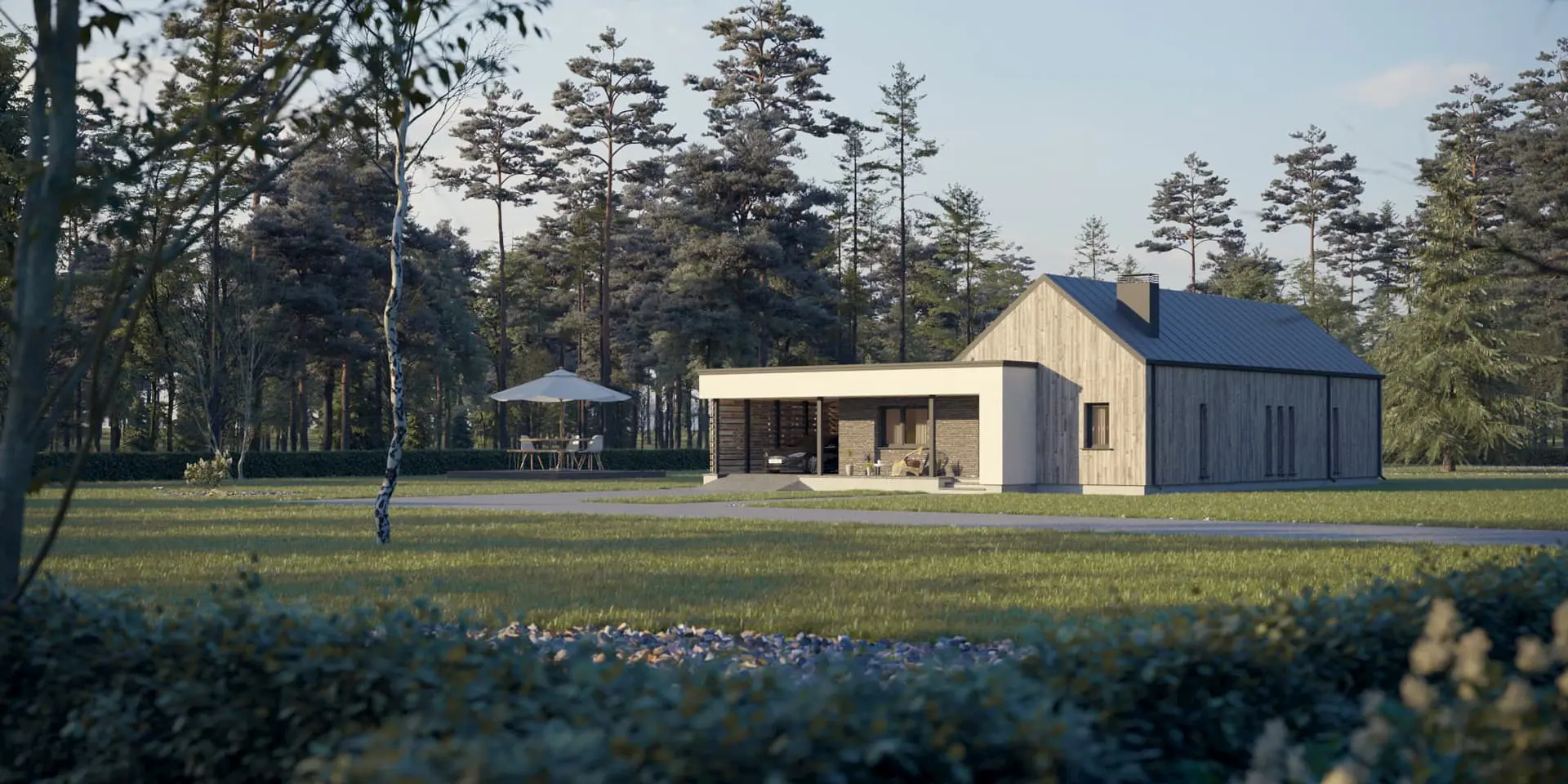 Projekt domu jednorodzinnego o pow. 127 m²: Parterowy, 3 Sypialnie, 2 Łazienki, Otwarta kuchnia, Wiata