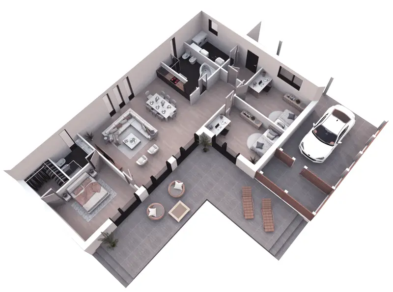 Projekt domu jednorodzinnego o pow. 127 m²: Parterowy, 3 Sypialnie, 2 Łazienki, Otwarta kuchnia, Wiata